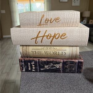 Decorative Stacked Books - Love Hope The World - Neutral Tones